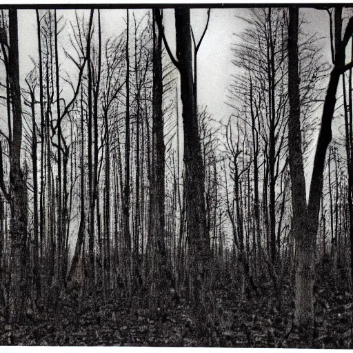 Prompt: 1 9 9 0 s faded vhs tape still, empty forest with dead trees, cloudy day, creepy