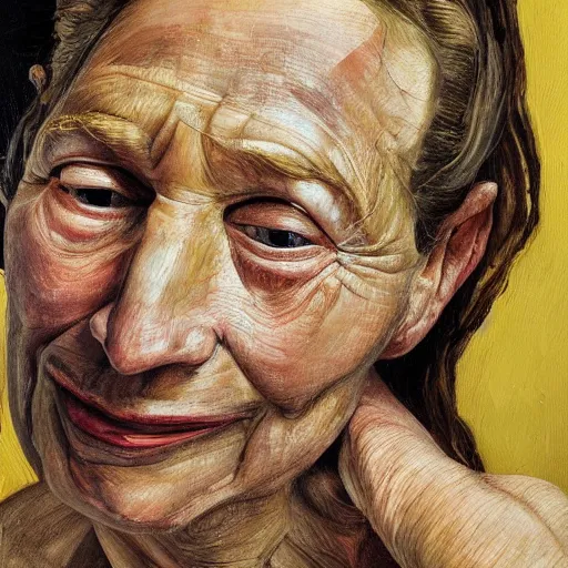 Prompt: high quality high detail painting by lucian freud, hd, portrait of smiling sad woman, photorealistic lighting