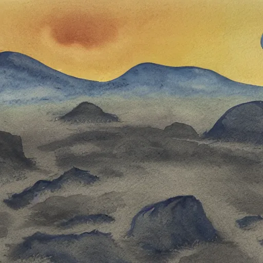 Image similar to a beautiful landscape of an alien planet, with strange terrain not found on earth, watercolor over graphite on vellum golden accented