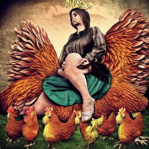 Prompt: Woman!! sitting astride a huge chicken, heavy metal album cover