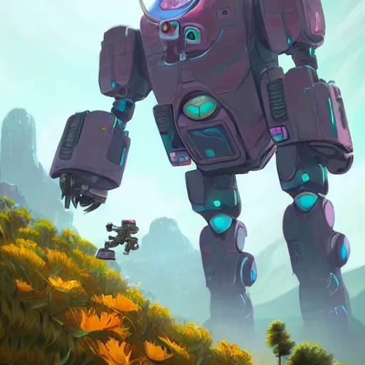 Image similar to floating robot sentinel enjoying picking up flower on infested planet in no man's sky video game colorful, fantasy, intricate, highly detailed, digital painting, hq, trending on artstation, illustration, style of stanley artgerm and greg rutkowski and dan mumford
