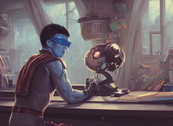 Image similar to an insanely detailed painting of an asian man wearing a homemade superhero costume, sitting at a desk, staring seriously at the computer and typing, in the style of peter mohrbacher, james jean, artgerm, dramatic lighting and composition, surreal background, octane render, pixar, trending on artstation, concept art, comic book, view from behind, 8 k