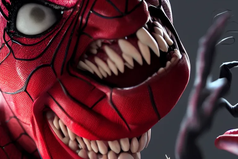 Image similar to Joker imitates Spider-Man and laughs, scary scene, top horrible creatures, horrible, horrors filmed on camera, fangs and drool, jaw and tongue, man is terrified, 8k, black and red, octane render, hyper-realistic, artstation trends, ray tracing, night, flashlight