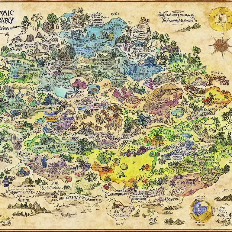 Prompt: imaginary map of a fantacy world, different realms, blueprint, infographic, on paper, natural colors, with notes, highly detailed