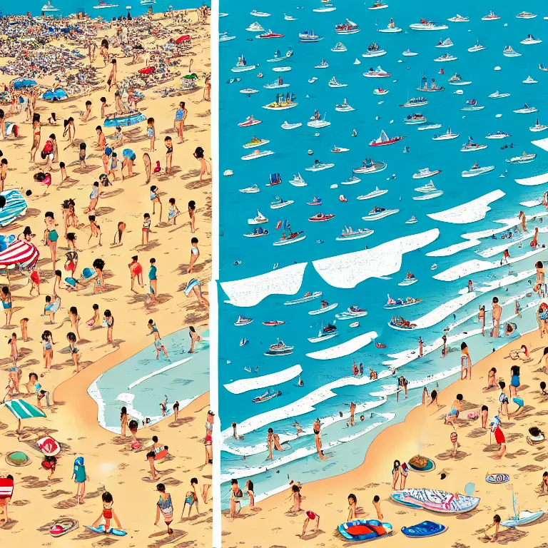 Image similar to high detailed full page spread from the where's waldo at a densely populated beach, high angle medium wide, waldo in the top right of frame, high detail illustration, coherent