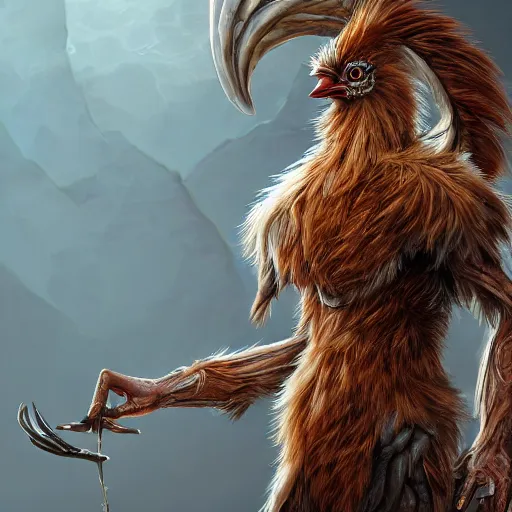 Image similar to fantasy chicken human hybrid, high detail, fantasy art, concept art, 4 k, ultra detail, computer art