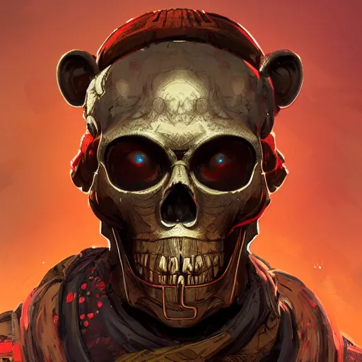 Image similar to a golden skull face monkey warrior with a ruby in his forehead, Apex Legends character, digital illustration portrait design, by android jones and greg rutkowski, retrowave color scheme, detailed, cinematic lighting, wide angle action dynamic portrait