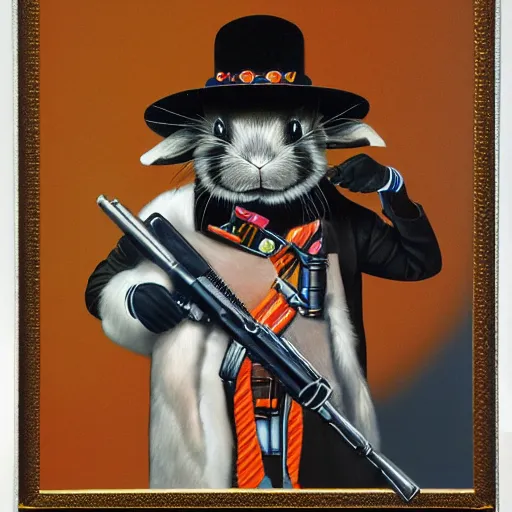 Image similar to portrait of rabbit with UV neon fur holding a machine gun , 8k, highly detailed, sharp, realistic, in style of Brom