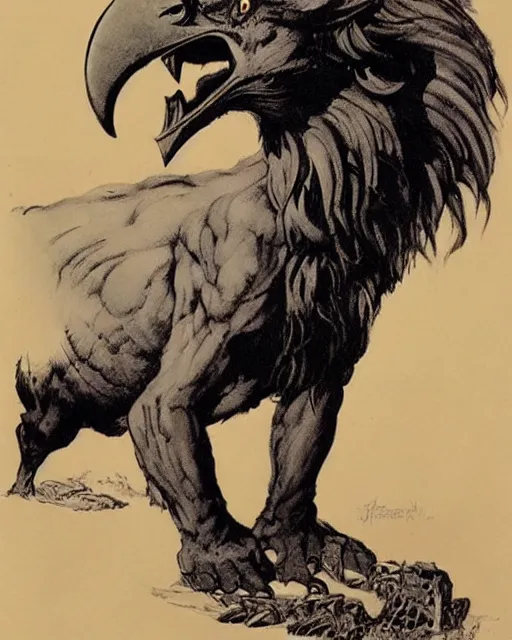 Image similar to a creature with the body and eyes of a man, with the beak of an eagle, the mane of a lion, and the horns of an ox. drawn by frank frazetta