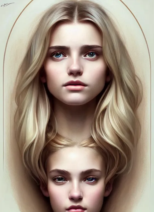 Image similar to beautiful symmetrical face!! portrait of young woman blessed with ever - increasing physical and mental perfection, realism, blonde hair, perfect face!! intricate, elegant, highly detailed, vision of holy perfection!! digital painting, artstation, concept art, smooth, sharp focus, illustration, humanity, art by artgerm and greg rutkowski and alphonse mucha