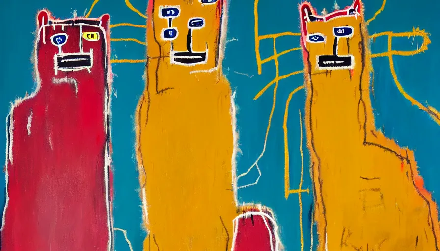 Image similar to highly detailed contemporary acrylic painting of really tall sitting cats by jean - michel basquiat, thick brush strokes and visible paint layers, dense overgrown forest background, vivid pastel color scheme