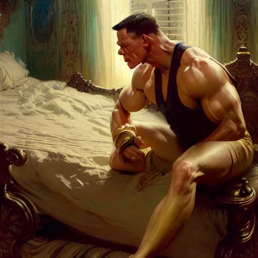 Image similar to john cena ring gear is in his bed, nervous and terrified, because beck lynch from hell is attacking him. highly detailed painting by gaston bussiere, j. c. leyendecker, greg rutkowski, craig mullins 8 k