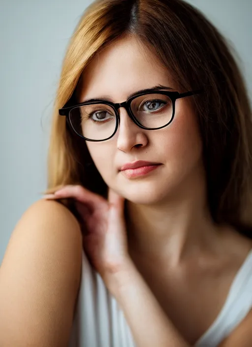 Prompt: beautiful woman with big black eyeglasses, 35mm, f/1.4, Golden Hour light, photo shot my Martha Cooper,