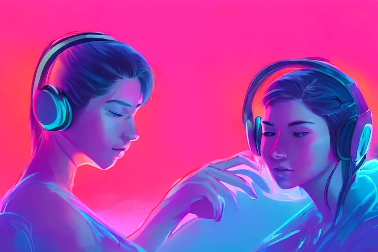 Image similar to a cute girl wearing headphones sitting on a cloud relaxing, misty, glows, digital painting, hazy, foggy, red lighting, ambient lighting, 8 k, neon, synthwave, cyberpunk,