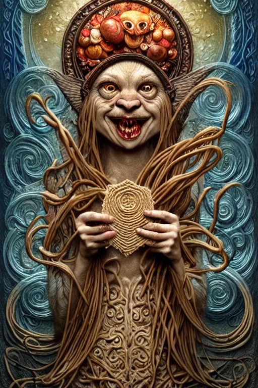 Image similar to A beautiful detailed grotesque creature made of pasta super cute tarot card, by tomasz alen kopera and Justin Gerard, symmetrical features, ominous, magical realism, texture, intricate, ornate, royally decorated, whirling smoke, embers, red adornements, blue torn fabric, radiant colors, fantasy, trending on artstation, volumetric lighting, micro details, 3d sculpture, ray tracing, 8k, anaglyph effect, digital art