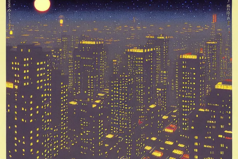 Prompt: a scifi illustration, Night City on Coruscant by hasui kawase