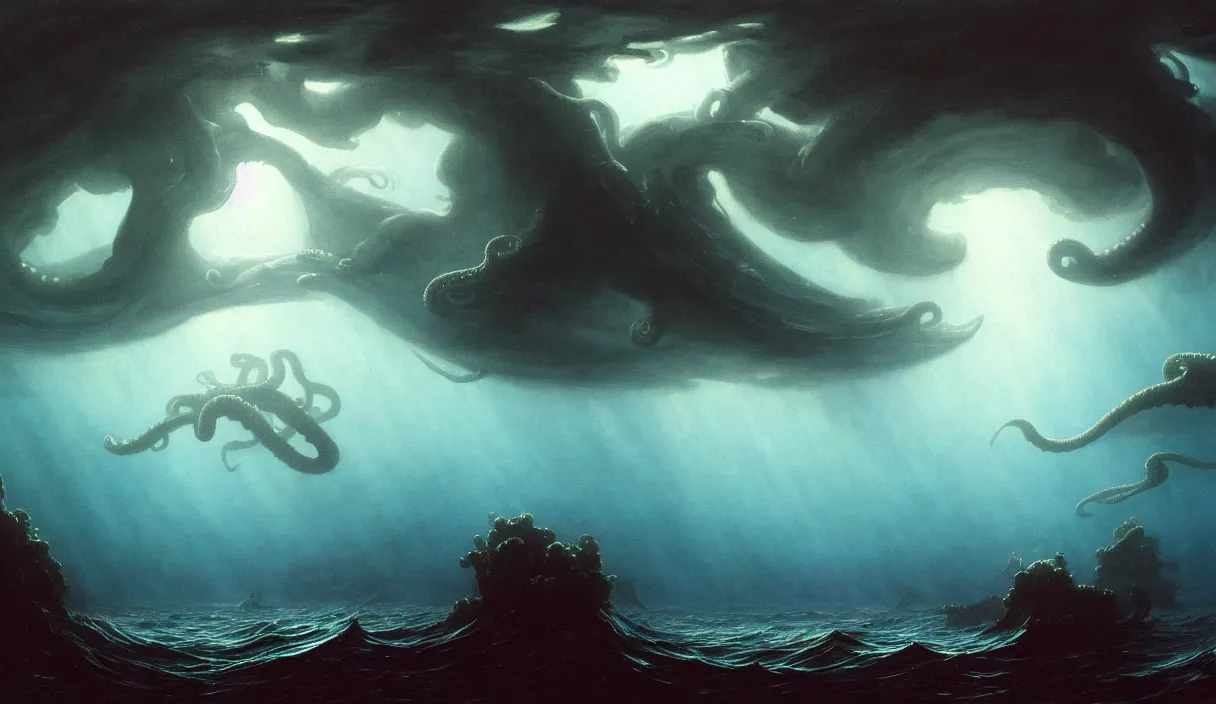 Image similar to low ultrawide shot, dark, underwater under sea submerged pre giant kraken octopus, abyss, stylized, anime style mixed with fujifilm, detailed gouache paintings, crepuscular rays, dark, murky, foggy, atmospheric, nicola samori, albert bierstadt, frederic edwin church, beksinski, wayne barlowe's inferno