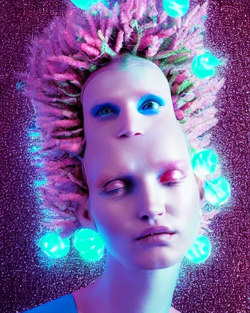 Prompt: natural light, soft focus portrait of a cyberpunk anthropomorphic tree with soft synthetic pink skin, blue bioluminescent plastics, smooth shiny metal, elaborate ornate head piece, piercings, skin textures, by annie leibovitz, paul lehr