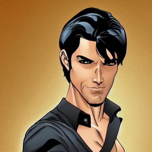 Image similar to A masculine middle aged man with tan skin, brown eyes, and hip-length, shiny, black hair, in the style of DC Comics