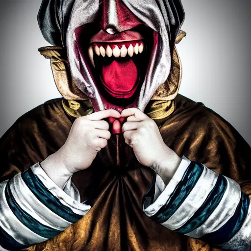 Image similar to medieval jester laughing, sinister, photograph, portrait,