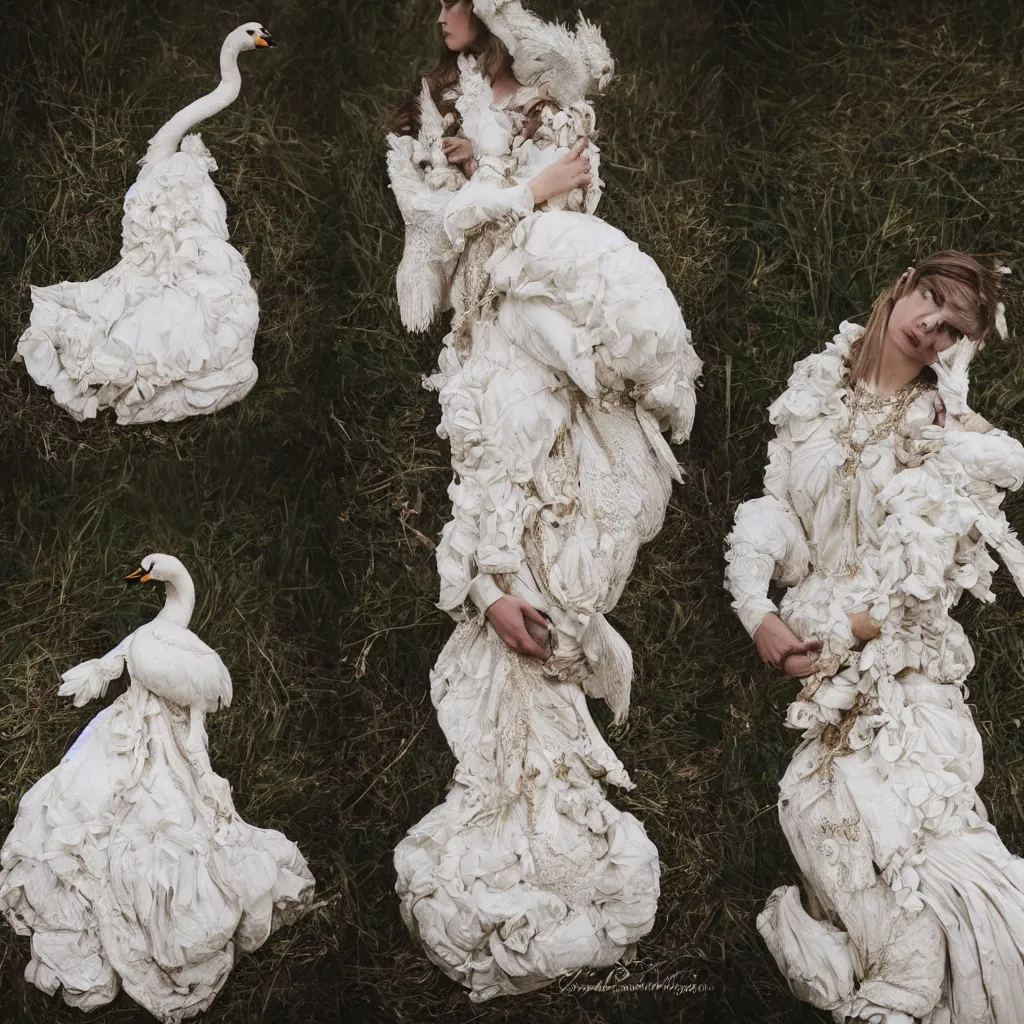 Prompt: a beautiful lady with a large majestic ornate cotton dress with a realistic swan in her arms dramatic light, meredit frampton style