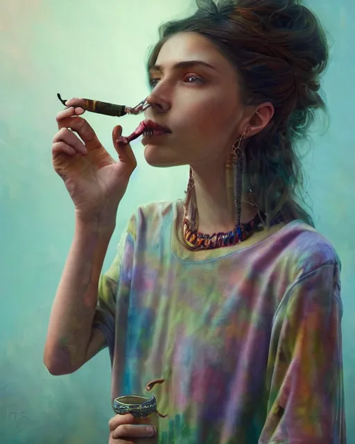 Image similar to portrait of a brunette in tie - dye, smoking a vintage tobacco pipe | highly detailed | very intricate | symmetrical | professional model | cinematic lighting | award - winning | painted by mandy jurgens and jesper elsing and rhads and tyler edlin | pan futurism, dystopian, bold colors, cyberpunk, anime aesthestic | featured on artstation