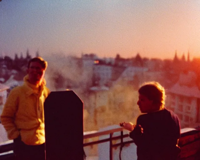 Image similar to lomo photo of pair standing on small hrushevka balcony full with cigarette smoke in small russian town at sunset, cinestill, bokeh