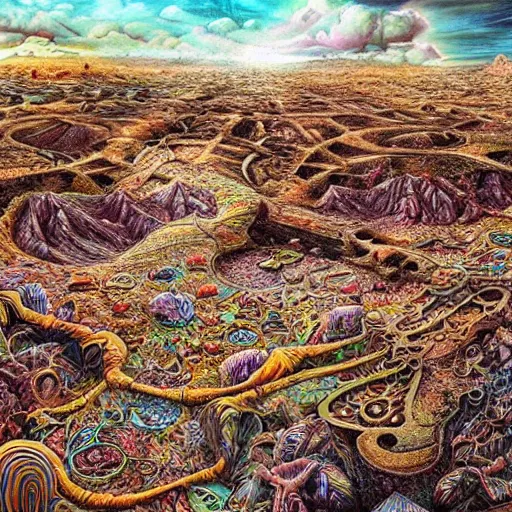 Image similar to psychedelic wasteland, intricate detail, hyperrealistic