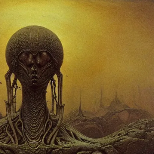 Image similar to a live action movie adaptation of giger's painting of an alien civilization, round organic structures, environment inspired by beksinski