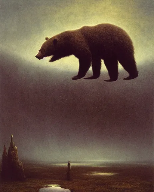 Image similar to giant terrifying bear god above a honey pond, scary, foreboding, mysterious minimalistic, by beksinski