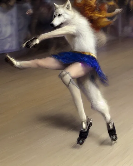 Image similar to an athletic white female anthro wolf skating at a roller derby, 4 k, furaffinity, fursona, trending on artstation, energetic, speed, motion blur, by gaston bussiere, craig mullins, sakimichan, gustav klimt, artgerm, greg rutkowski, alphonse mucha