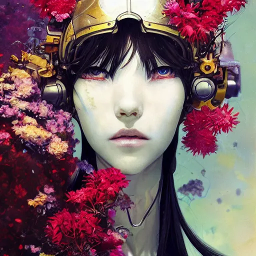 Image similar to surreal gouache painting, by yoshitaka amano, by ruan jia, by conrad roset, by good smile company, detailed anime 3 d render of a female mechanical android head with flowers growing out, portrait and white background, cgsociety, artstation, rococo mechanical costume and grand headpiece, dieselpunk atmosphere