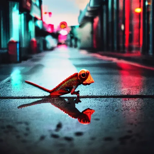 Image similar to a high quality low wide angle photo of a chameleon on the streets of a cyberpunk city, rainy, reflective ground, neon lights, realism, 8k