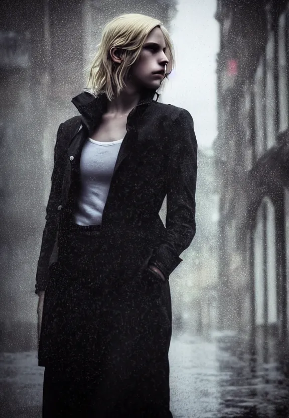 Image similar to cute model annie leonhart posing in dunwall city, beautiful face, detailed face, realistic eyes, cinematic lighting, rainy weather, melancholy atmosphere, volumetric light, gothic architecture, realistic reflections, model agency, instagram photo, depression atmosphere, shot on sony a 7, beauty filter, postprocessing