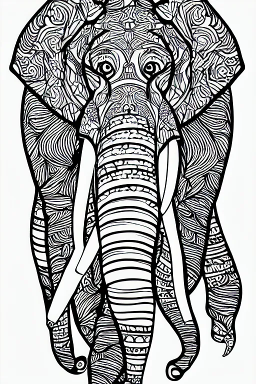Prompt: elephant, ornaments, fractal, ink drawing, line art colouring page