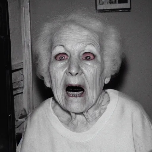 Image similar to old photo of a scary grandma, horror, hugh quality face, b/w tv