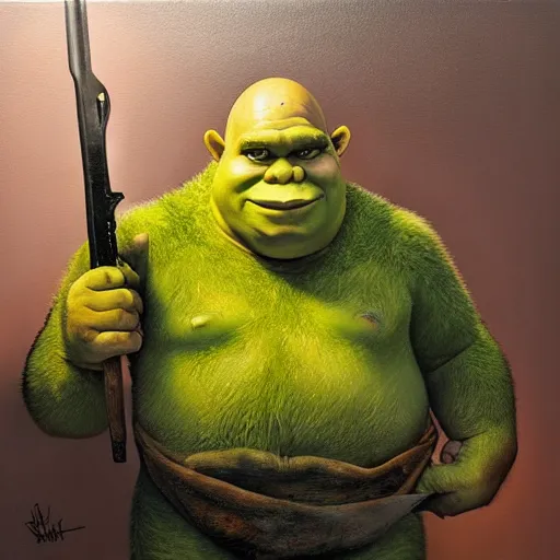 Image similar to hyper realistic oil painting of shrek holding a weapon in the back rooms