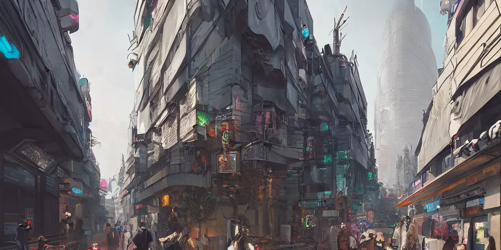 Image similar to a utopian futuristic cyberpunk paris street, trending on artstation.