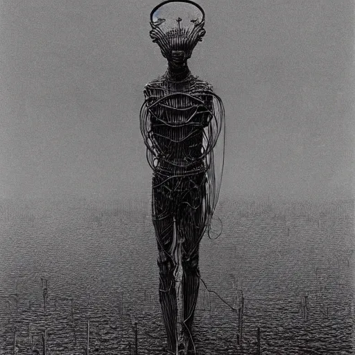 Image similar to a man made of wire, by beksinski and wayne barlowe,