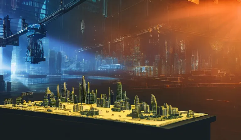 Image similar to crowd in simple warehouse, looking at hologram of futuristic city on a table, cinematic concept art, godrays, golden hour, natural sunlight, 4 k, clear details, tabletop model buildings, center model buildings, hologram center, crane shot, crane shot, crane shot