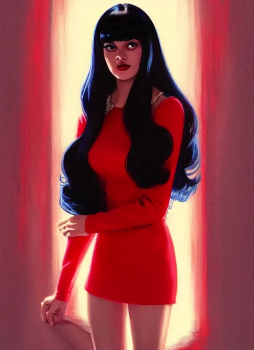 Image similar to portrait of veronica lodge with bangs, 1 9 6 0 s, long hair, red clothes, bangs, intricate, elegant, glowing lights, highly detailed, digital painting, artstation, concept art, smooth, sharp focus, illustration, art by wlop, mars ravelo and greg rutkowski