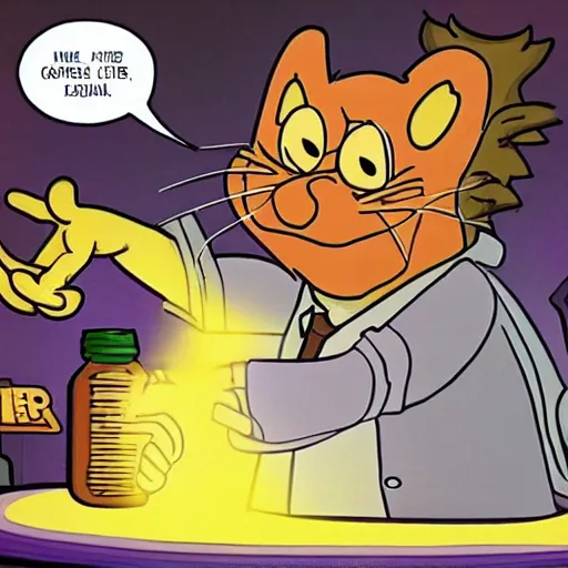 Image similar to garfield as a mad scientist creating thanos in a laboratory