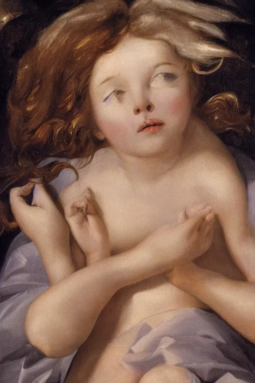 Prompt: happy girl's face, shiny skin, lying on the grass, ultra detailed, gold, Guido Reni style