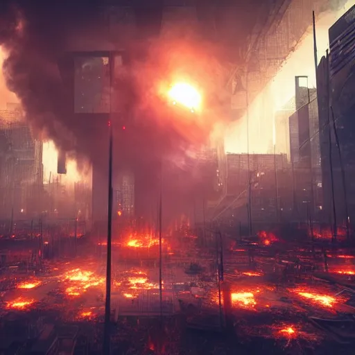 Prompt: apocalyptic, future city. rusted robots with lasers coming out of their eyes, burning everything. volumetric lighting, sharp focus, ultra detailed, cgsociety - w 1 0 2 4 - n 8 - i