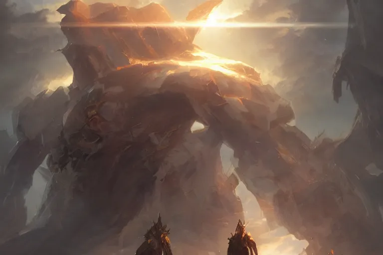 Prompt: demigod giant titan, divine, shinig rays of light by greg rutkowski, trending on artstation