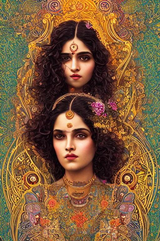 Prompt: a stunning ultradetailed illustration of an indian woman with epic wavy hair surrounded by paisleys and art nouveau floral patterns, by vania zouravilov and tom bagshaw, deep depth of field, catchlight in the eyes, studio lighting, golden ratio composition, 3 5 mm lens, very detailed, 8 k, artstation