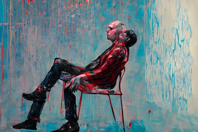 Prompt: portrait of an actor sitting in a chair contemplating, art by james jean and luc tuymans and vincent lefevre and hernan bas and pat steir and hilma af klint, psychological, dripping paint, high quality render, cg society contest winner, retrofuturism, masterpiece