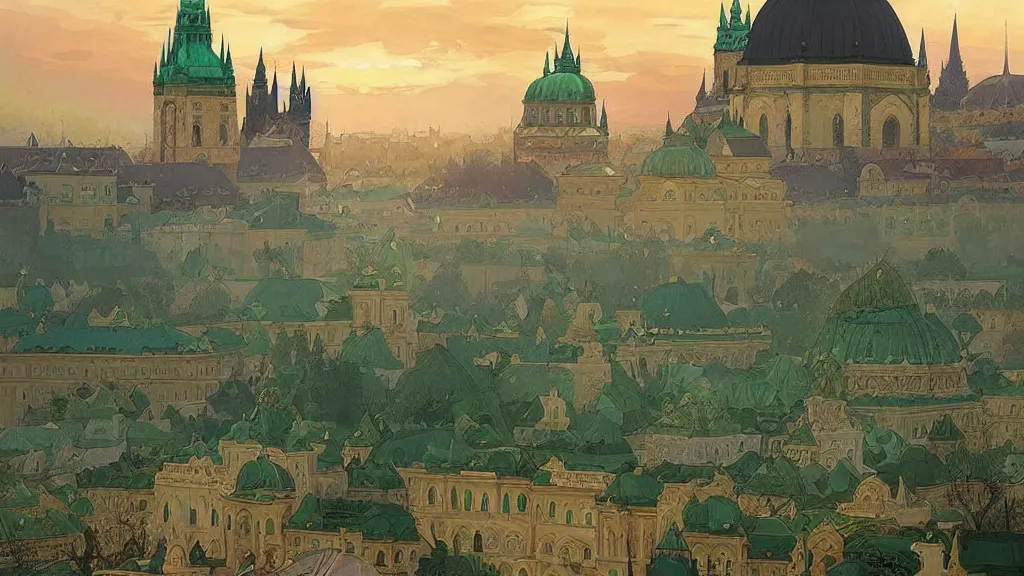 Prompt: a beautiful painting of arabian prague palace made of green, polished semiprecious malachite marble and jade at sunrise, intricate, elegant, highly detailed, digital painting, artstation, concept art, by krenz cushart and artem demura and alphonse mucha