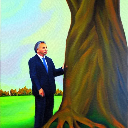 Image similar to viktor orban protecting a tree, oil painting