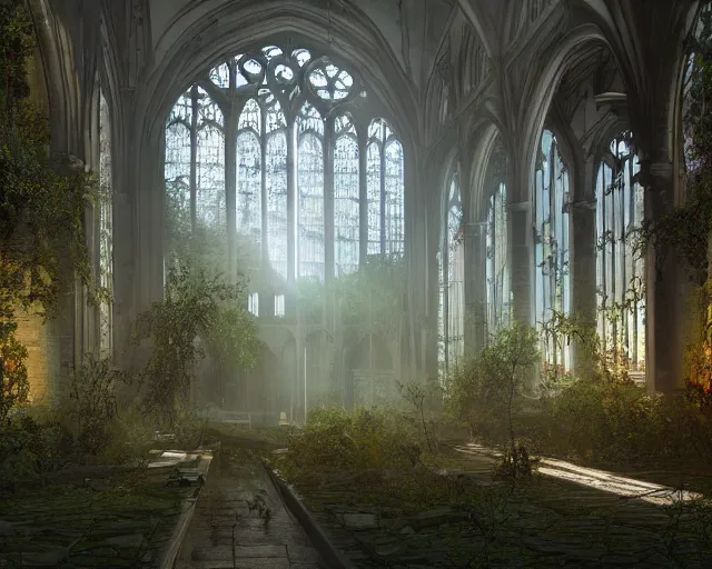 Prompt: Overgrown cathedral interior, broken windows, mild god rays, epic scale, cinematic lighting, dense vines hanging down from the high ceiling, digital art, trending on Artstation and Behance